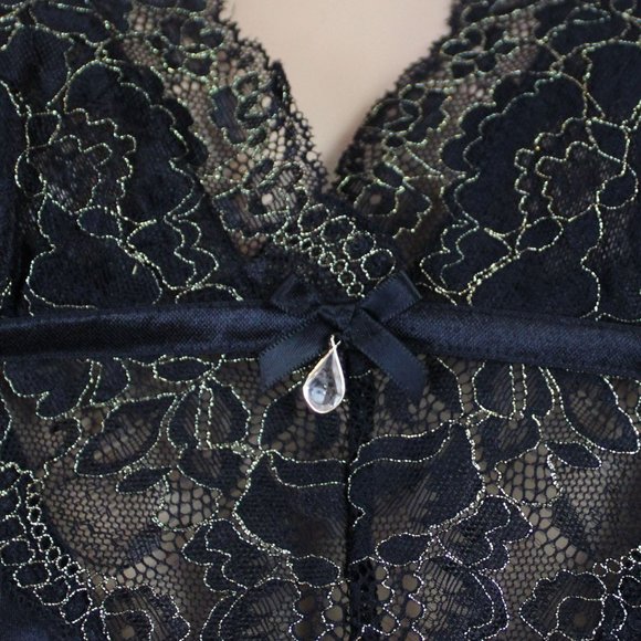 La Vie en Rose Black Satin Nightie Lace Metallic Gold Small New with Tags SW15 - Picture 7 of 10
